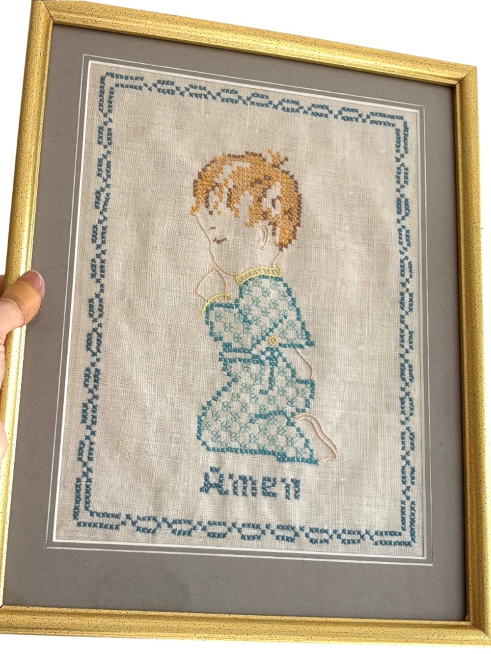 art needlepoint AMEN child prayer bedtime handmade framed cotton blue boy kneel